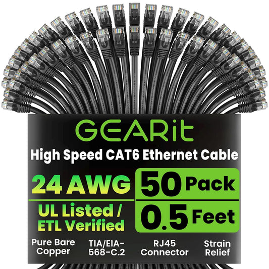 GEARit Cat 6 Ethernet Cable Pack - 50-Pack 0.5 ft Cat6 Ethernet Patch Cables | RJ45 Network Patch Cable, 10 Gbps Snagless Gold-Plated Connectors - Ethernet Cable Cat 6 for PC, TV, Router - Black