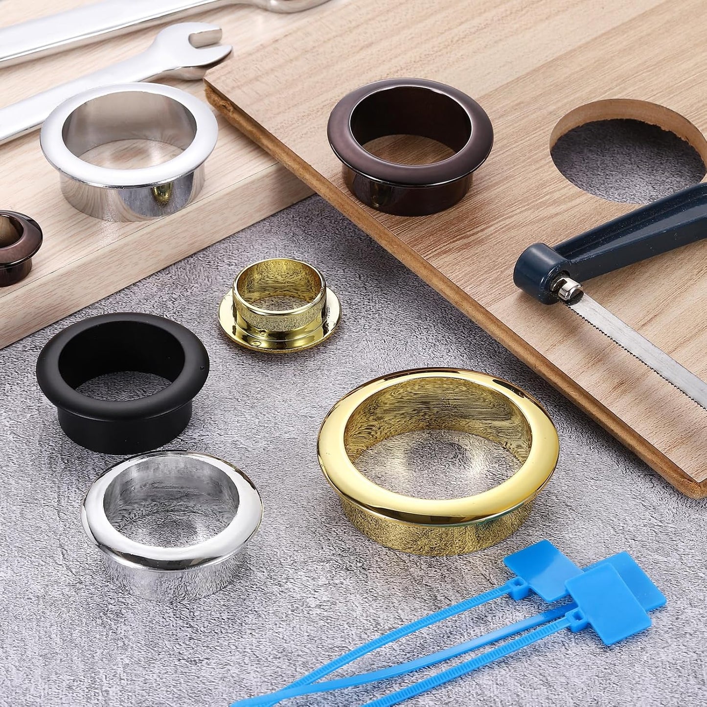 uxcell Desk Grommet, 2-3/16" (55mm) Zinc Alloy Cable Hole Cover Wire Cord Organizer with Marked Cable Ties for Home Office Desktop Wire, Black