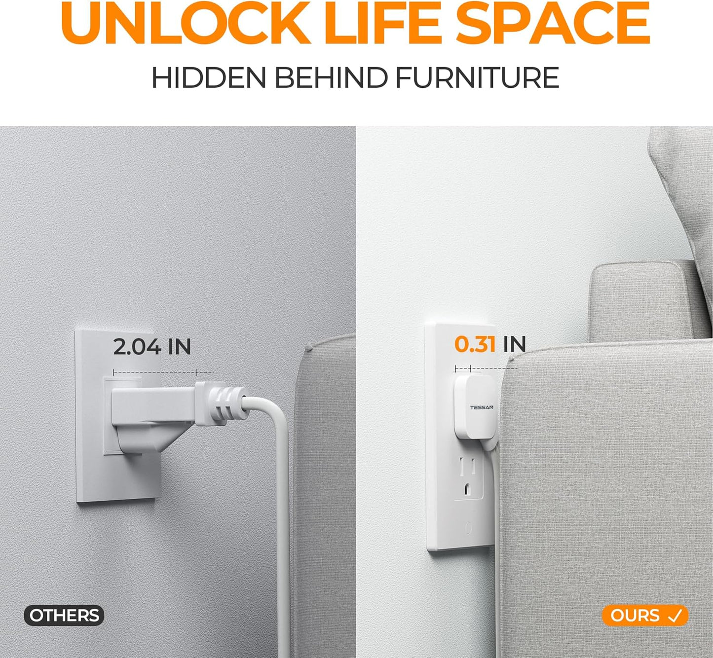 Short Flat Extension Cord, TESSAN Small Power Strip with 3 USB Port (1 USB C), 3 Outlets Small Charging Station, 3 ft Slim Plug for Cruise Travel Office School Dorm Room Essentials