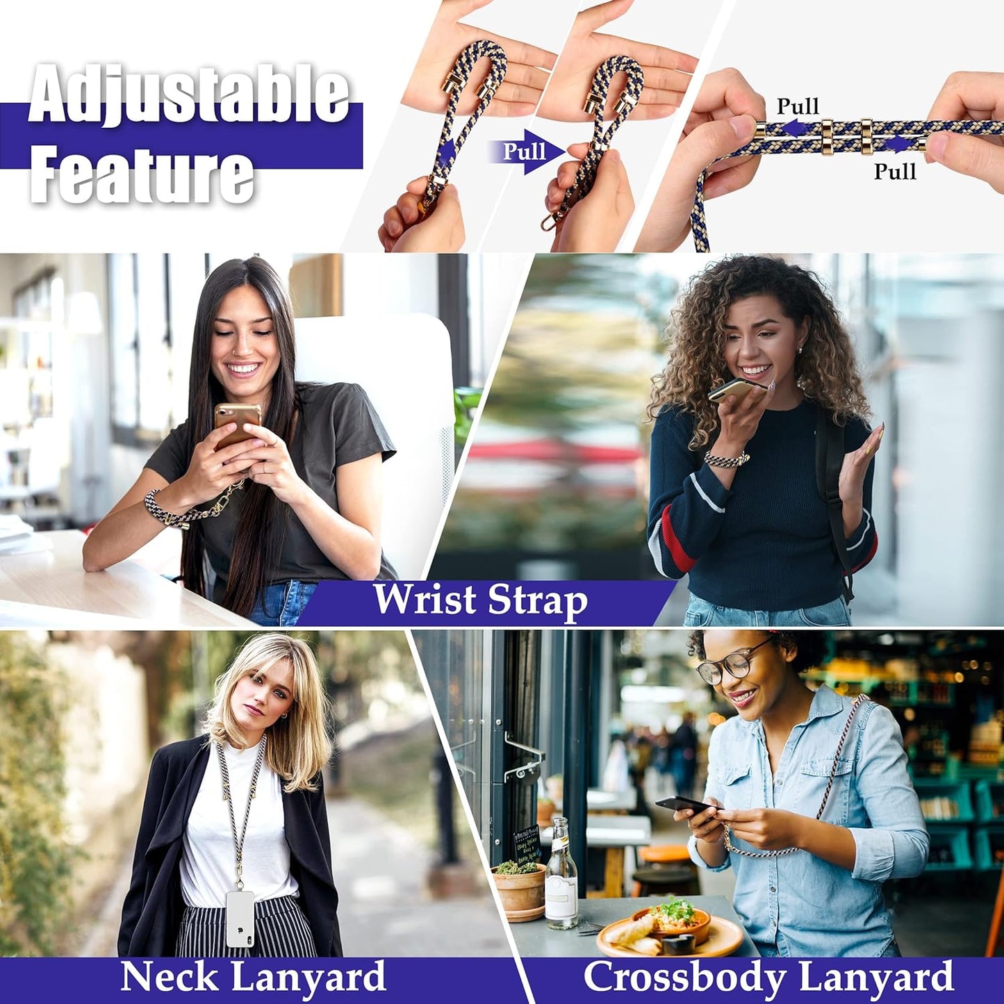 Universal Phone Lanyard with Wrist Strap, Adjustable Crossbody Cell Phone Lanyard Neck Strap and Wristlet Strap with 2 Lobster Clips, Phone Tether Patches and Phone Straps (Beige/Navy Blue, 2 Pack)