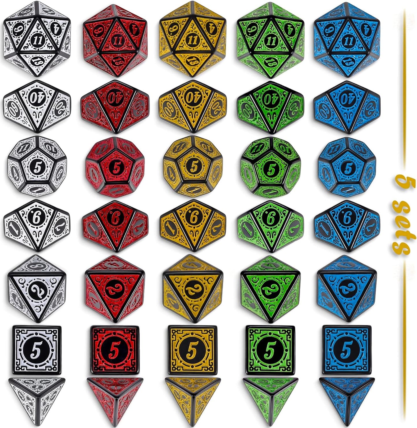 CiaraQ Polyhedral Dice with 5 Pouches, 5 Sets of Retro Dice for MTG DND Board Games, 35 Pieces