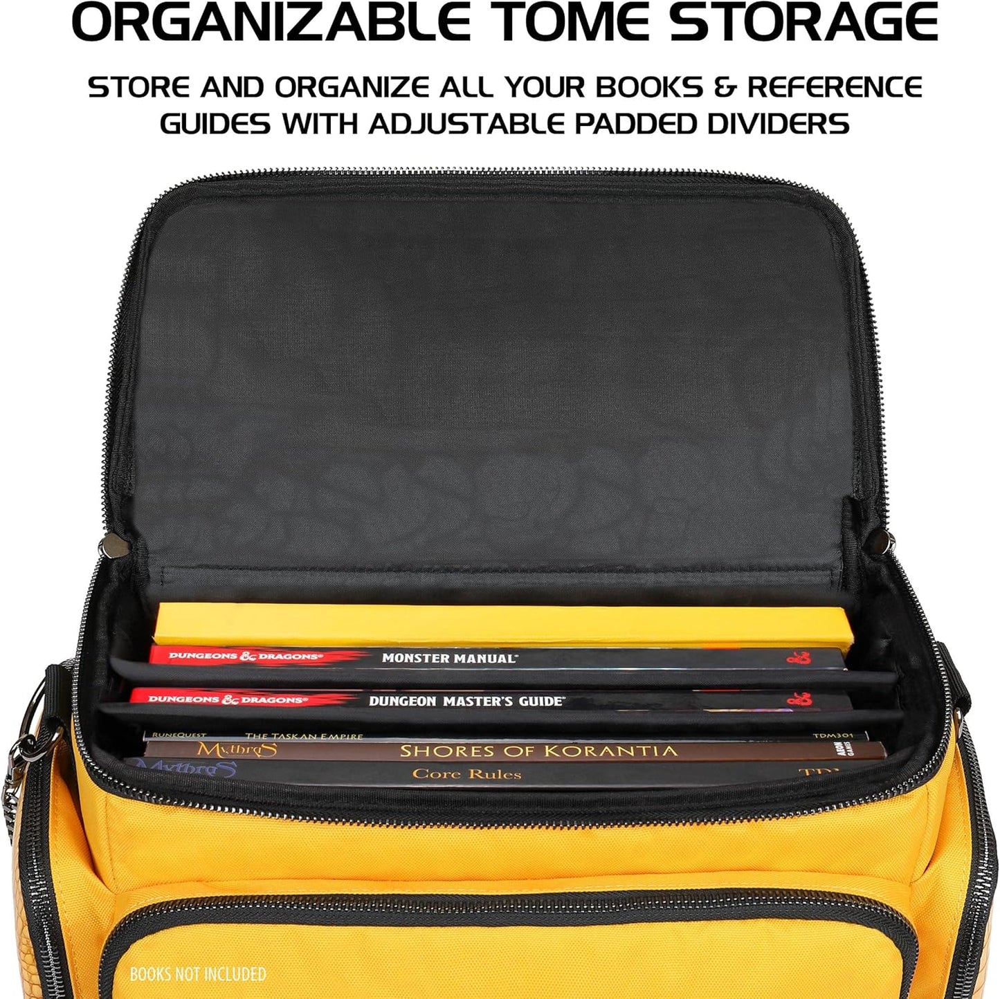 ENHANCE Collector's Edition RPG Adventurer's DnD Bag - Dragon Hide Exterior Travel RPG Bag with Tabletop Miniatures Storage Vault, Mat Holder, DnD Dice & Token Pockets, Fits 4-8 Books (Dragon Gold)