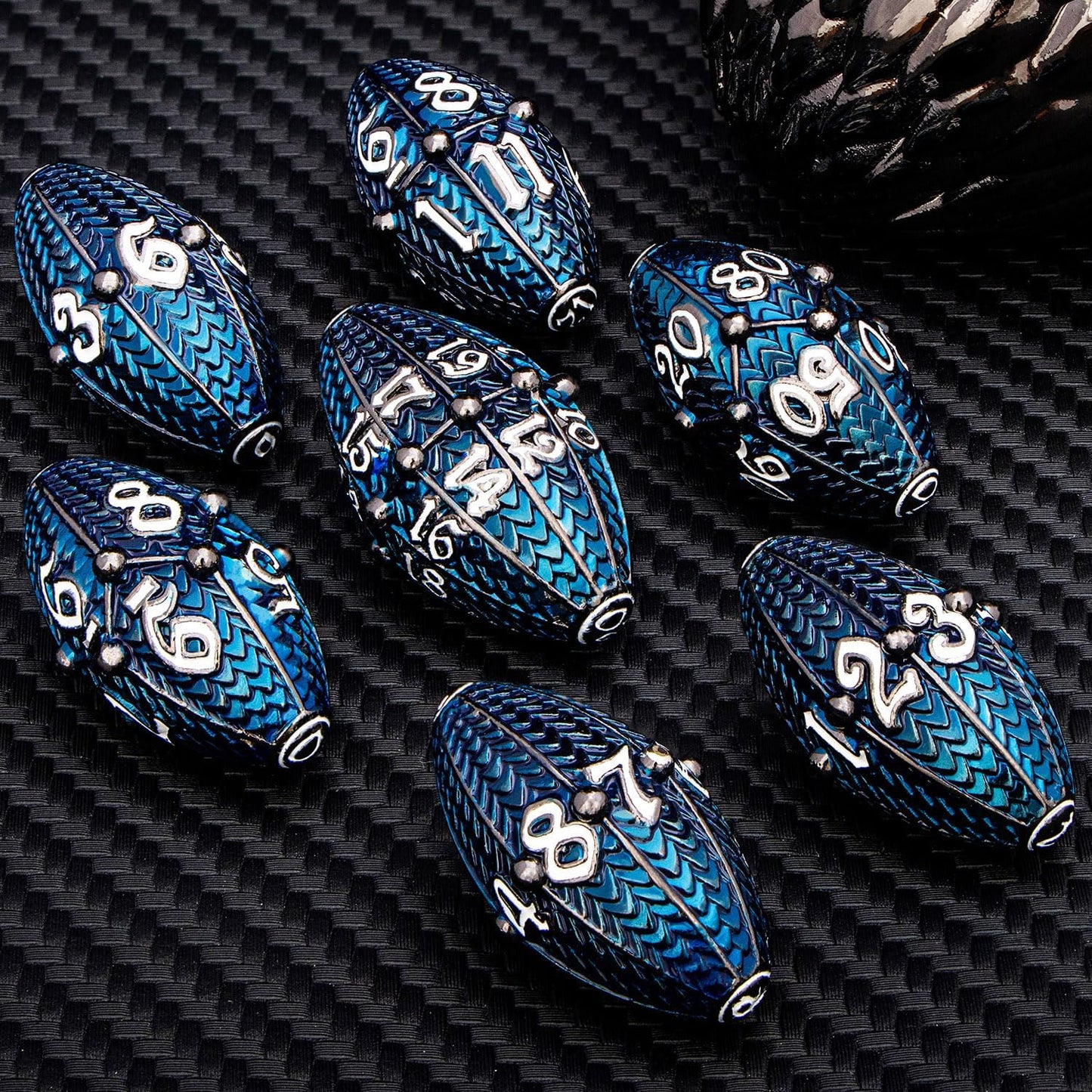 ARUOHHA DND Metal Dice Black Blue Dragon Egg Dice with Metal Box, Role Playing Game Polyhedral D and D Dice Set D20 D12 D10 D8 D6 D4