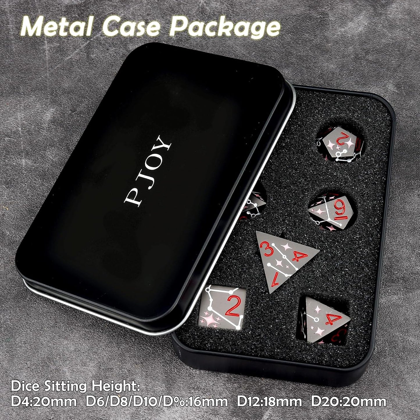 PJOY Metal Dice Set D&D Star Dice Set DND Polyhedral Dice for RPG Role Playing Games Dungeons and Dragons TTRPG Black Red Pink Dice