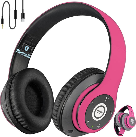 iJoy Bluetooth Headphones Over Ear, Wireless and Wired Foldable Headset Built-in Microphone, FM, Micro SD Card Slot - (Pink) Adults Kids Men Women