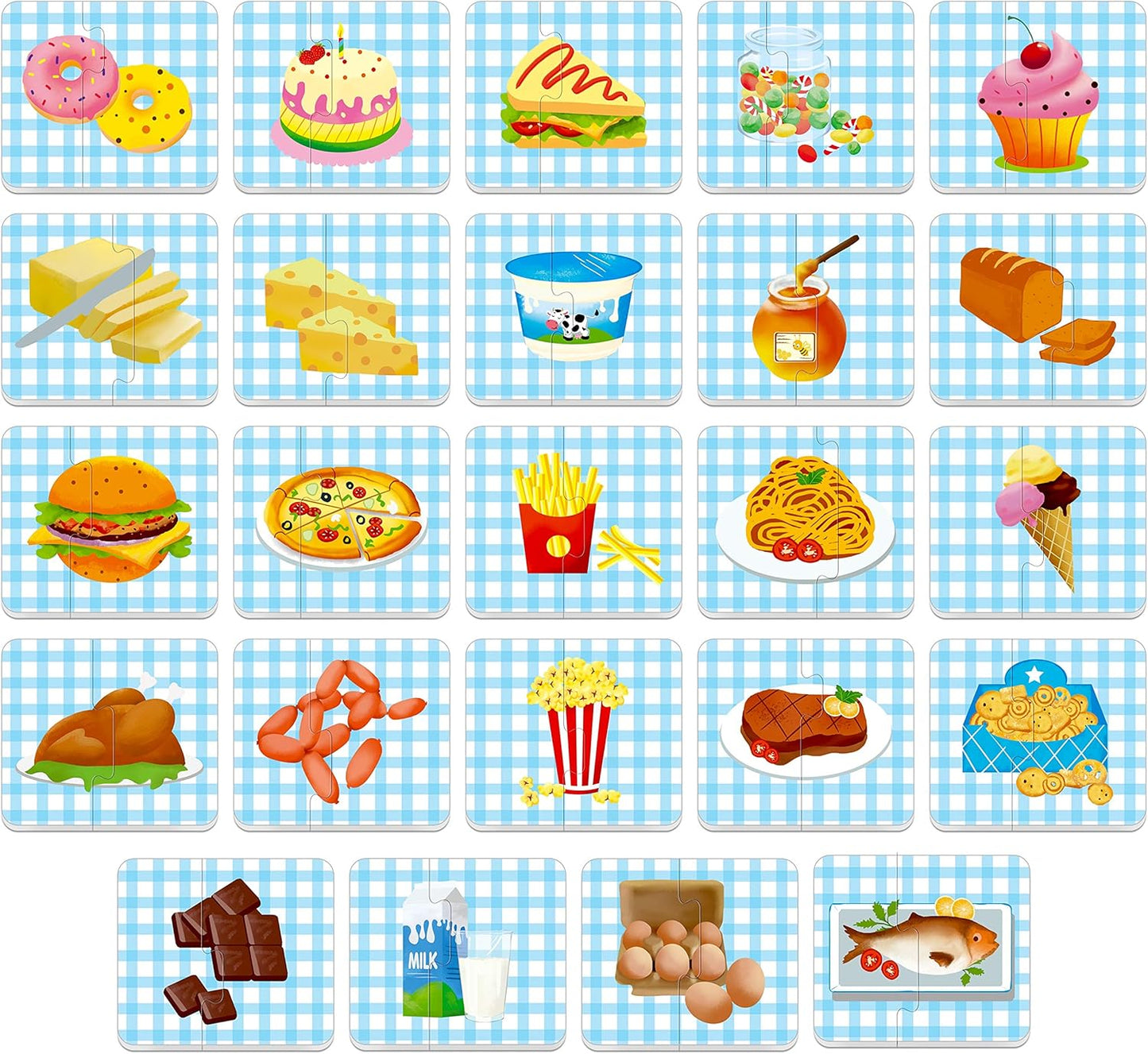 48 Food Matching Puzzles with Error-Correction Mechanism Pre-Primer in 2 Pieces, Perfect for Preschool Learning (24 Blocks Double Sided)