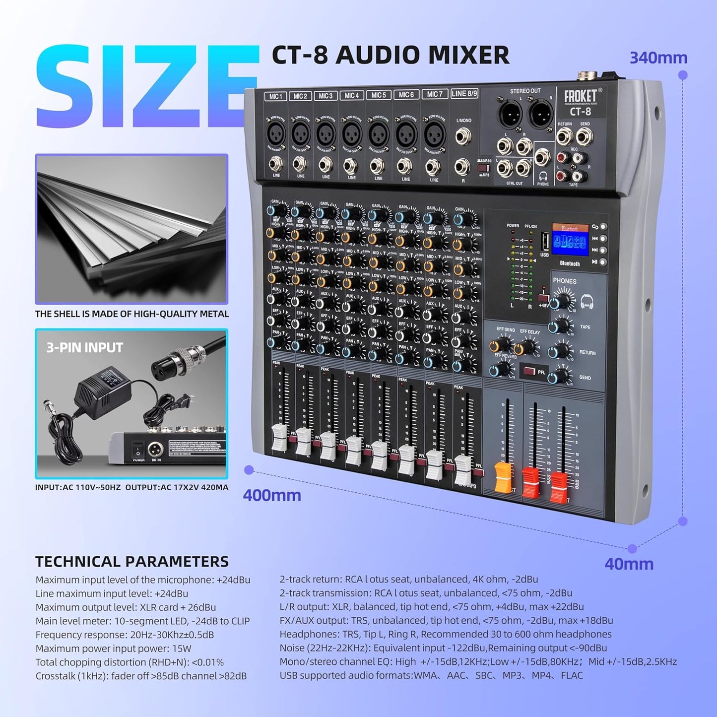 Pro DJ Mixer 8-Channel Audio Console - Bluetooth/USB Streaming, 48V Phantom Power, 3-Band EQ for Live Stage, Recording Studio & Karaoke Systems (CT-8)