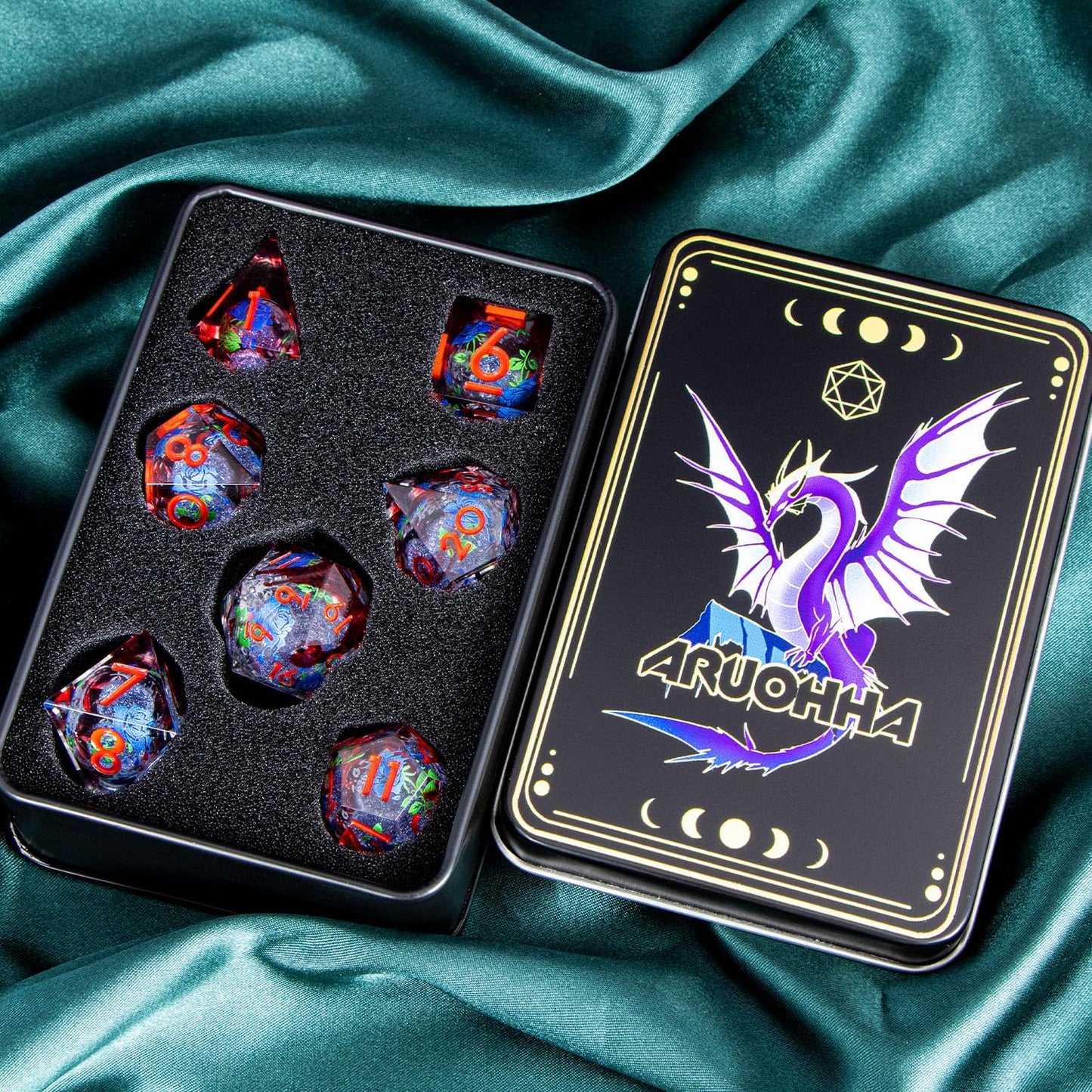 ARUOHHA Liquid Core DND Dice Set, Vampire Sharp Edged Dragons Dice Compatible with D&D RPG Role Playing Games, Resin Blood Red Polyhedral Dungeons D and D Dice with Gift Box D20 D12 D10 D8 D6 D4