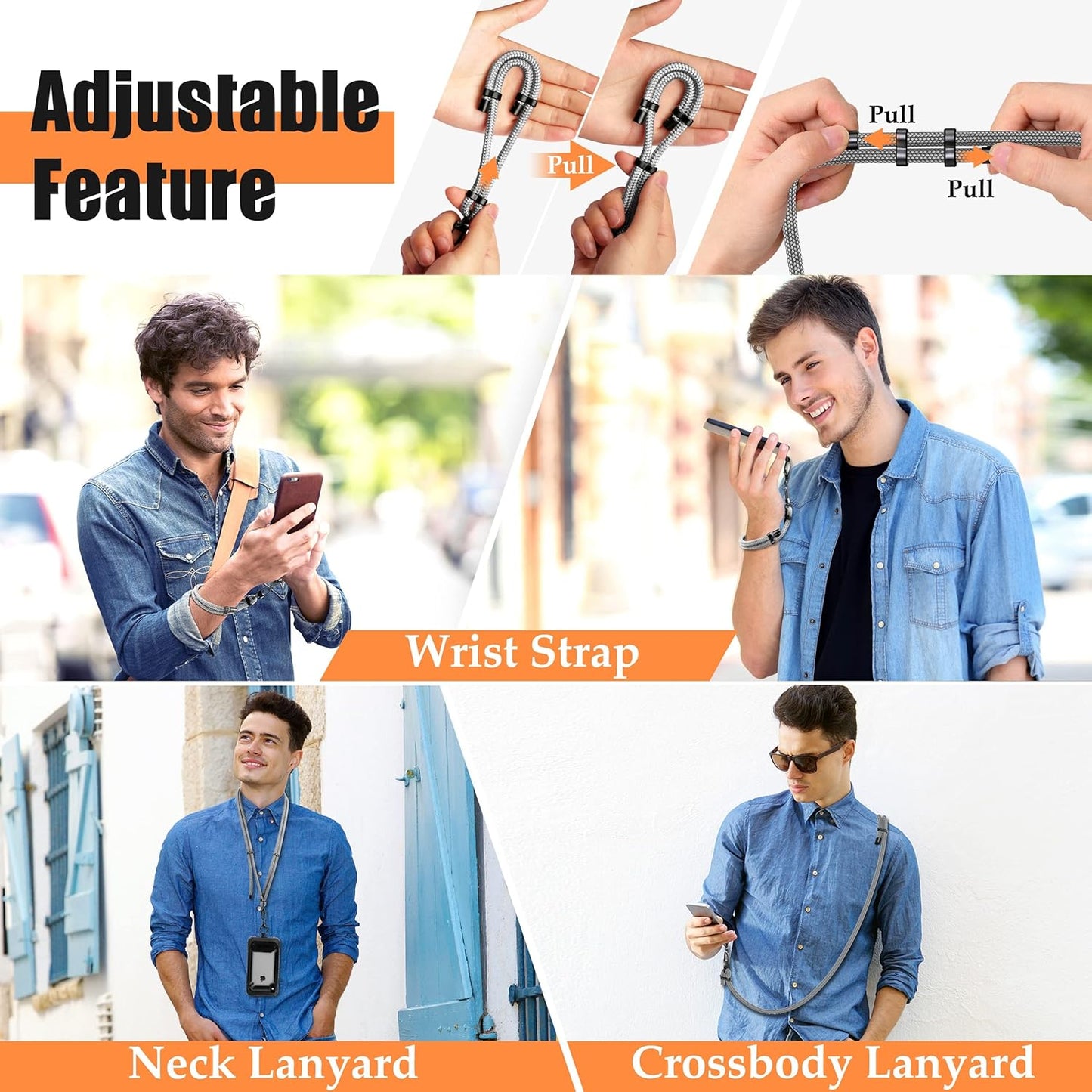 Kaptron Universal Phone Lanyard with Wrist Strap, Adjustable Crossbody Cell Phone Lanyard Neck Strap and Wristlet Strap with 2 Lobster Clips, Phone Tether Patches and Phone Straps (Gray, 2 Pack)