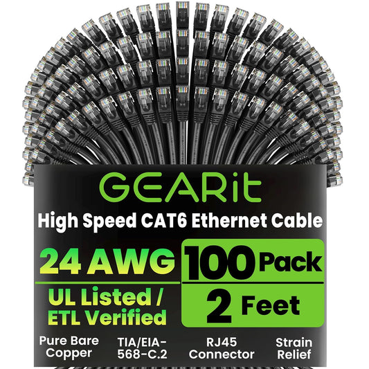 GEARit Cat 6 Ethernet Cable Pack - 100-Pack 2 ft Cat6 Ethernet Patch Cables | RJ45 Network Patch Cable, 10 Gbps Snagless Gold-Plated Connectors - Ethernet Cable Cat 6 for PC, TV, Router - Black