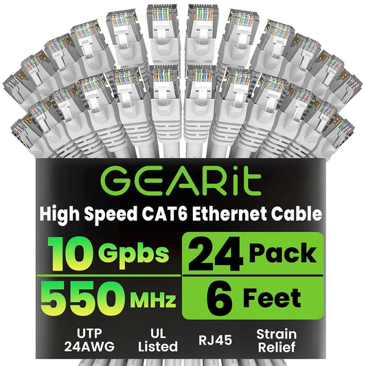 GearIT Cat 6 Ethernet Cable (24-Pack 6 Feet) Cat6 Network Patch, 10Gbps, RJ45, Snagless Cord, Gold-Plated Connectors, Internet for PC, TV, Tablet, Router, Printer, Servers, IT Data Center - White