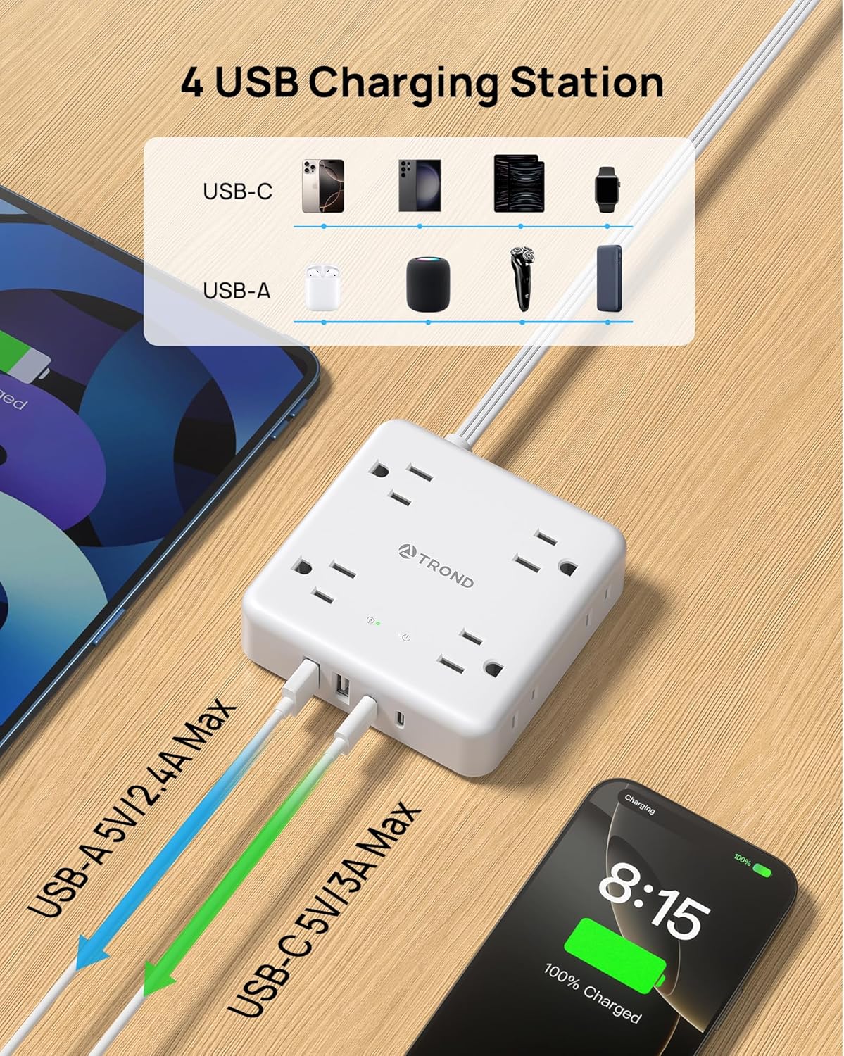 TROND 360° Rotating Plug Power Strip, 5FT Flat Extension Cord with Multiple Outlets 4 USB (2 USB C), Wall Mount Surge Protector 1440 Joules for Home Office Travel Dorm Room Essentials, White