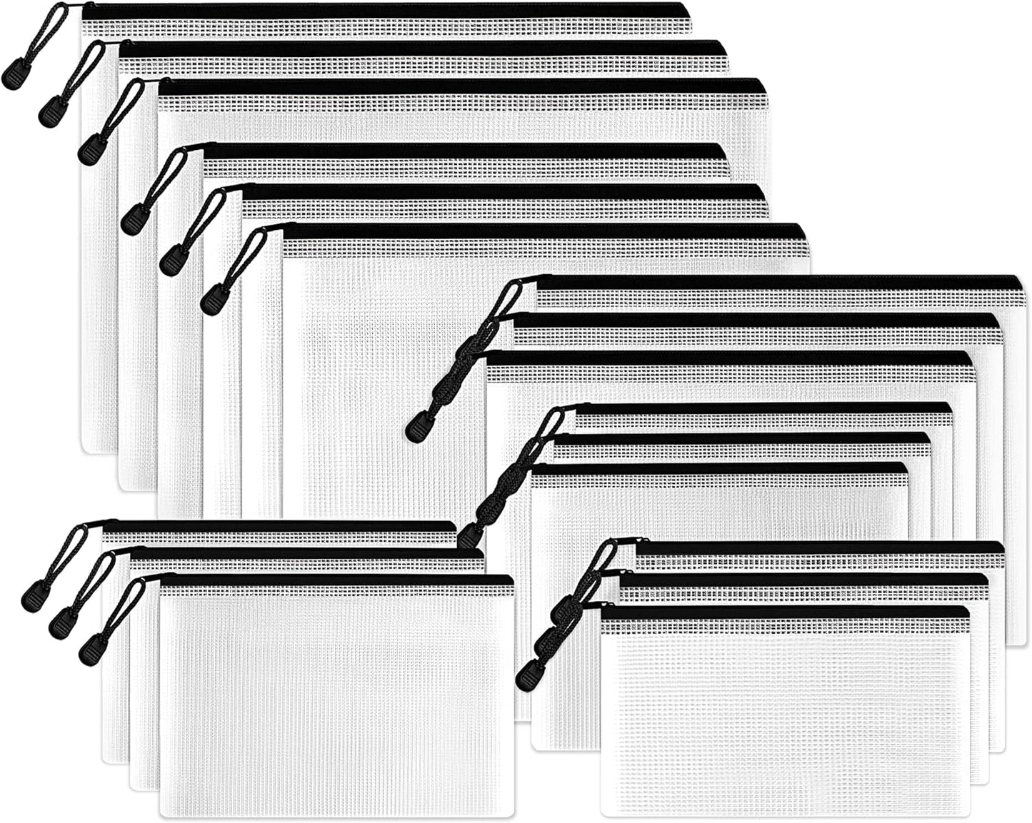 SUNEE Multisize Plastic Zipper Pouches (Black, 18 Packs), Water-Resistant Zip Bag for School Office Supplies, Puzzles & Games Organizing Storage