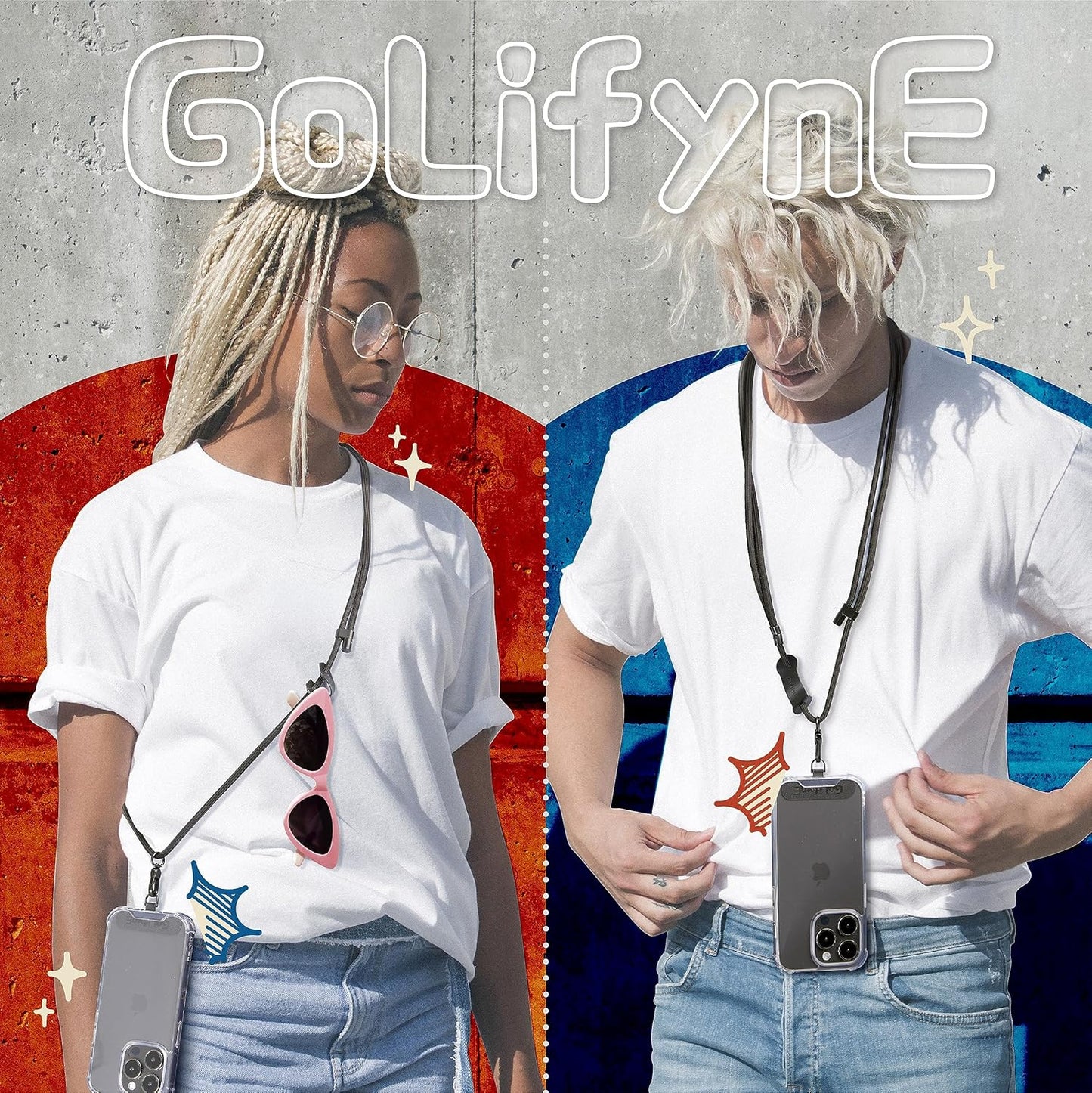 Universal Phone Lanyard, Anti-Theft Crossbody Strap for iPhone 16 Pro Max and Most Smartphones, Adjustable Cell Phone Neck Holder w/ 2 Non-Adhesive Tether Tabs for Men and Women, Black/Black